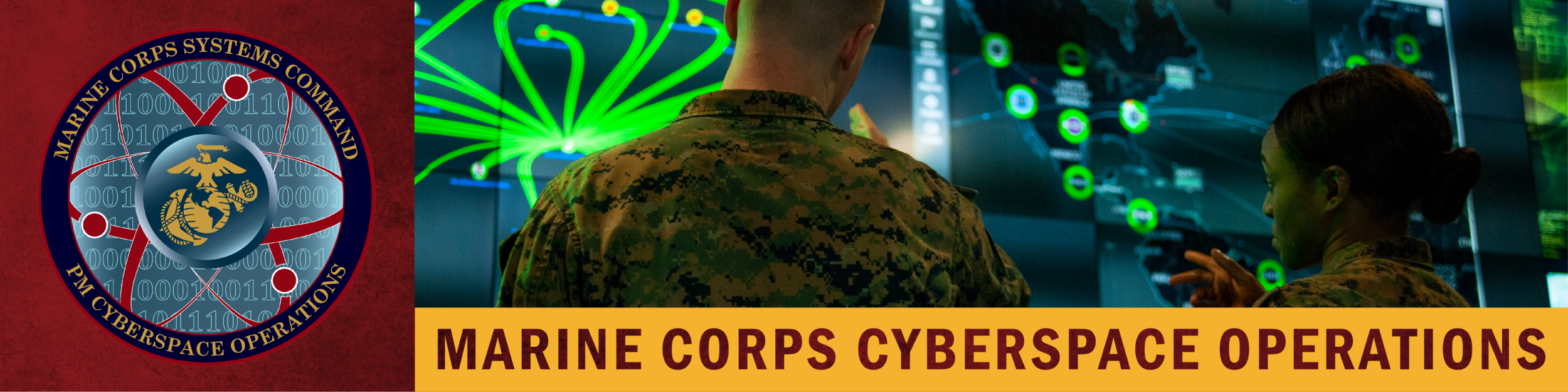 Graphic with seal for MCCO, includes photo of Marines looking at a digital graphic on a screen, text below reads Marine Corps Cyberspace Operations