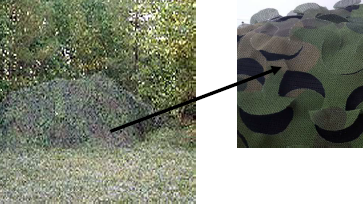 Tent is covered in camouflage netting in a jungle setting with a detail shot of the netting Tent is covered in camouflage netting in a jungle setting with a detail shot of the netting