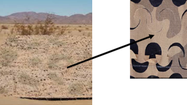 Tent in desert environment covered in camouflage screening with detail shot of screening Tent in desert environment covered in camouflage screening with detail shot of screening