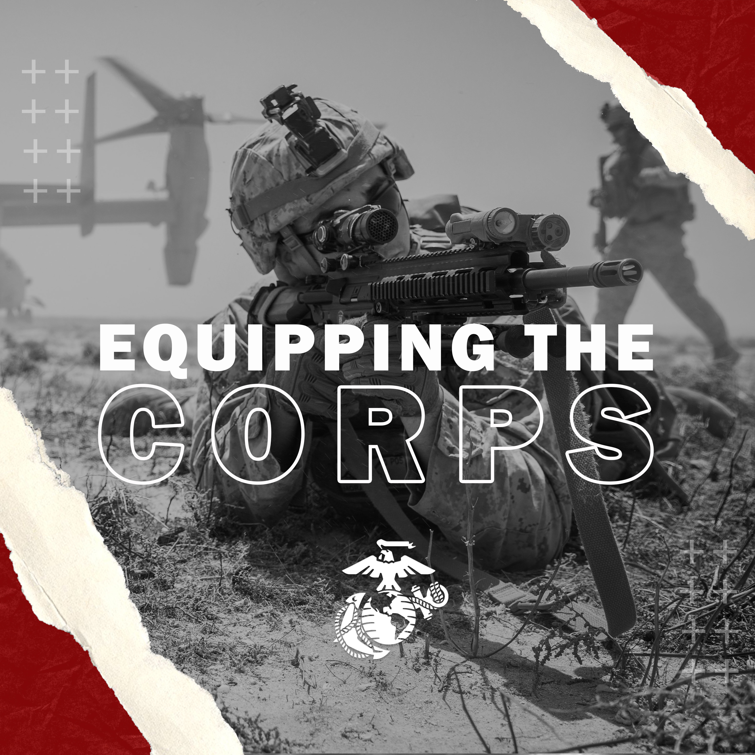 Graphic reads Equipping the Corps with a image of Marine in the background